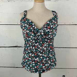 Lands' End Floral Tankini Top in Black, Teal, White & Red
